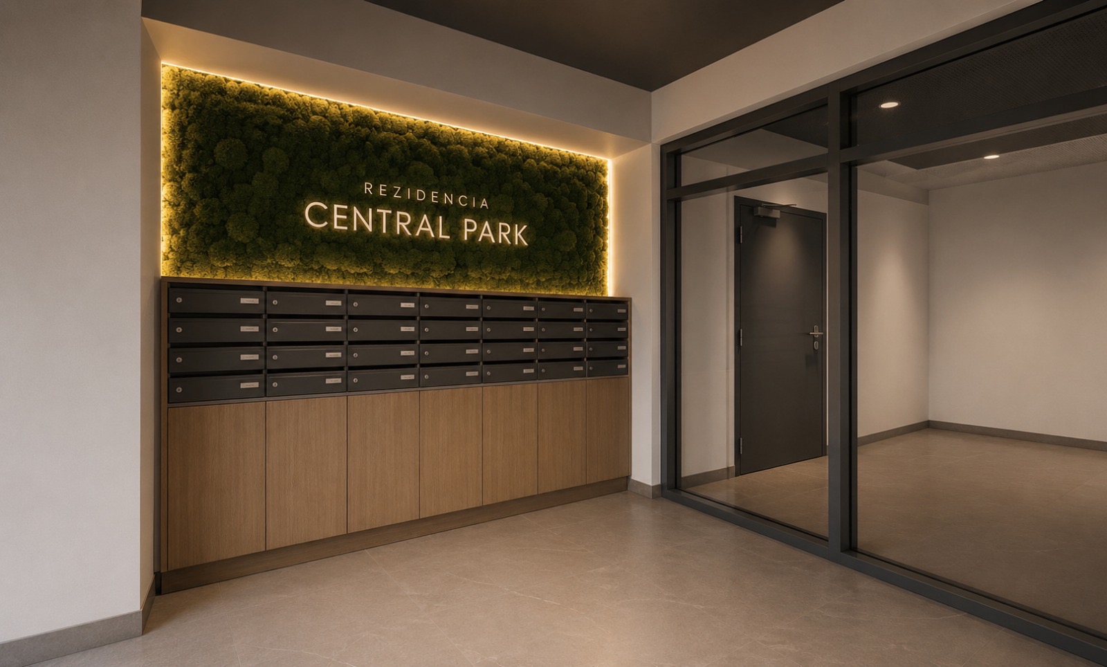 Vstupná hala s machovou stenou a logom Rezidencia Central Park
